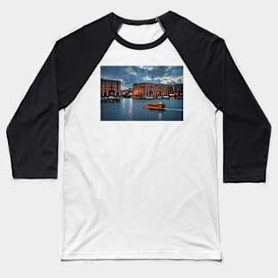 Albert Dock Liverpool at dusk with a yellow Duck Marine Craft Baseball T-Shirt